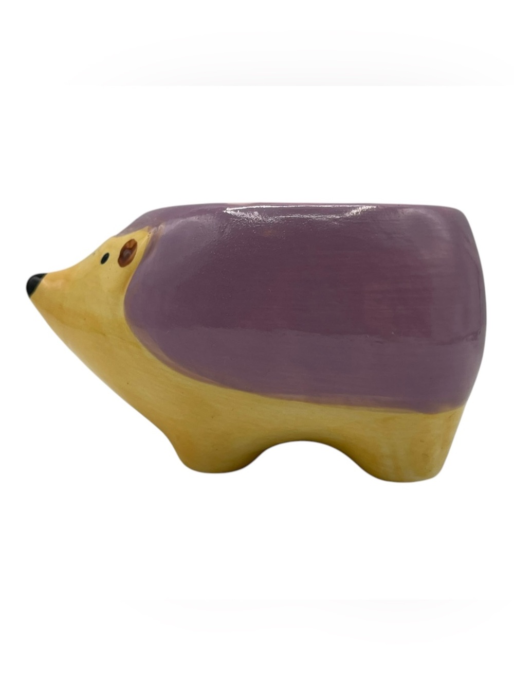 Purple Yellow Hedgehog Ceramic Planter Pot Glossy Pottery Open Top 5in